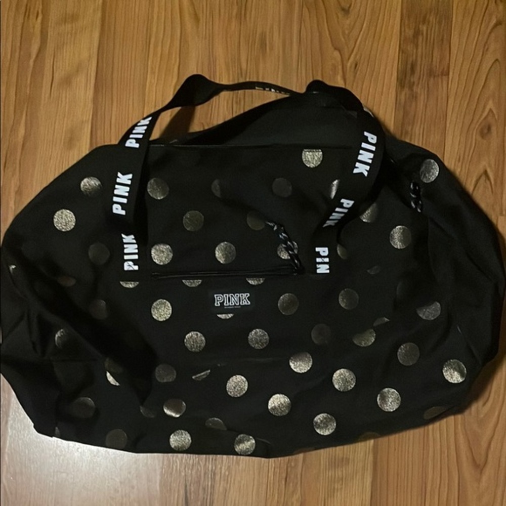 PINK Victoria's Secret Black Duffel Bag with Gold Dots